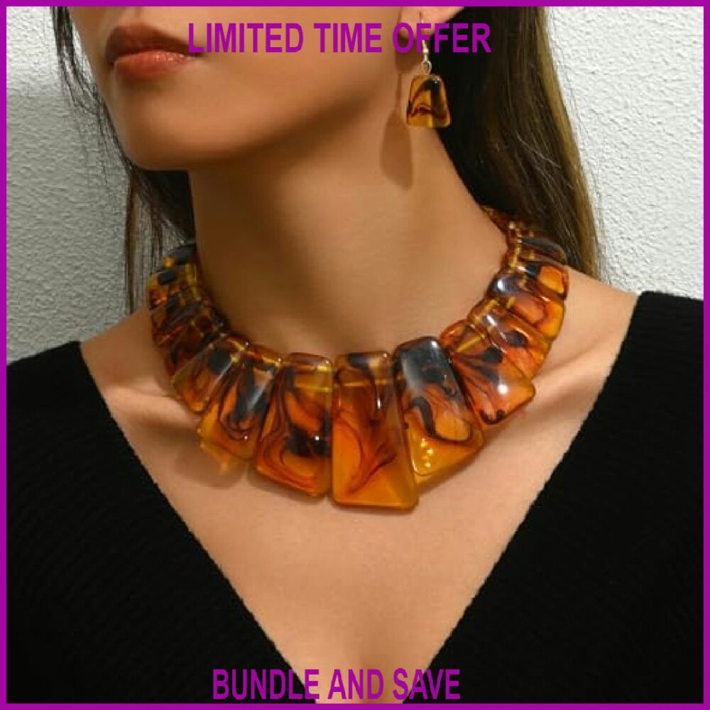 Chunky Statement Necklace Set Tortoise Shell Acry… - image 4